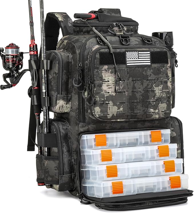 Tactical Fishing Tackle Backpack with Tackle Boxes, Rod Holders, Bottle Holder, 50 L Large Insulated Fishing Backpack Tackle Box with Cooler, Fishing Bag Store Gear & Equipment, Black CM