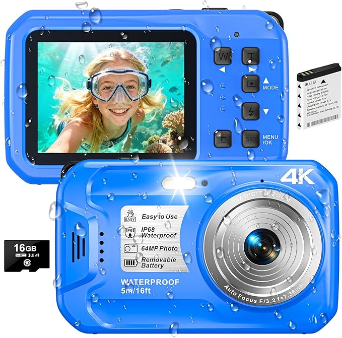 4K Underwater Camera, 64MP 16FT Waterproof Digital Camera with 16GB Card, Autofocus Floatable Waterproof Camera with IPS HD Screen, 16X Digital Zoom, Fill Light, for Snorkeling, Surfing, Swimming