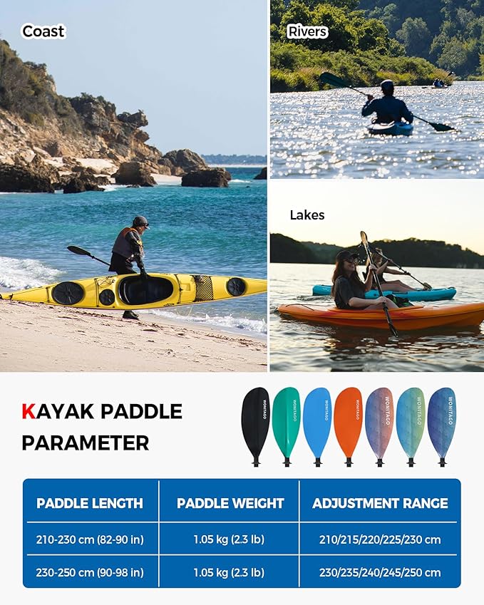 Kayak Paddle with Fiberglass Shaft and Reinforced Nylon Blade, Adjustable Kayaking Oars, 3 Piece, 230-250 cm/90-98 inches, 210-230 cm/82-90 inches