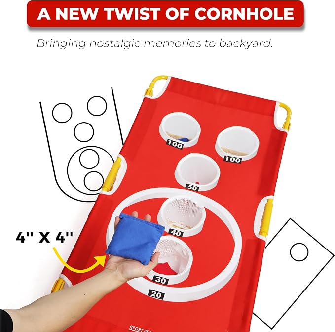 Foldable Cornhole Game Set Portable Bean Bag Toss for Family Tailgate & Beach - Metal Frame 5-Hole Arcade Style with 8 Bags & 8 Fun Games - Choose 3x2' Tailgate or 4x2' Regulation Size