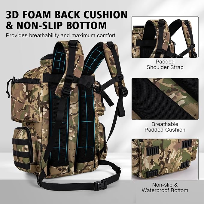 Goture Fishing Backpack,900D Water-Resistant Tackle Backpack with Rod Holders, SBS Zippers,45L Large Fishing Bag Storage Gear Tackle Bag with Rain Cover, Bottle Holder for Travel Camping Hiking