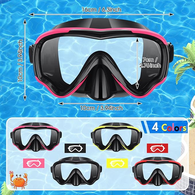 4 Pcs Snorkeling Goggles for Adults Scuba Diving Mask Anti Fog Dive Mask Snorkeling Gear for Men Women Panoramic Swimming Goggles with Nose Cover for Diving, Swimming (Black, Yellow, Red, Rose Red)