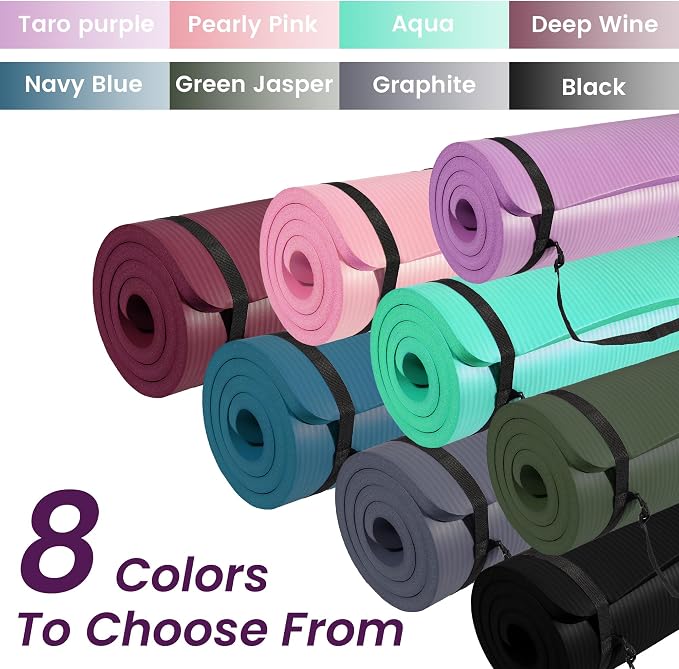 Signature Fitness Extra Thick High-Density Foam Yoga Mat – Multiple Thicknesses (1/2" & 1") / Multiple Colors – Double-Sided Non-Slip Surface – with Carrying Strap for Pilates, Yoga & Home Workouts