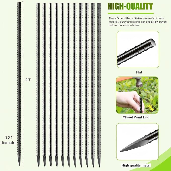 Jetec 12 Pcs 12 Inch Black Ground Rebar Stakes Heavy Duty Ground Anchors Steel Plant Support Garden Stake Long Straight Metal Spikes with Chisel Point End for Garden Concrete Plant Tent