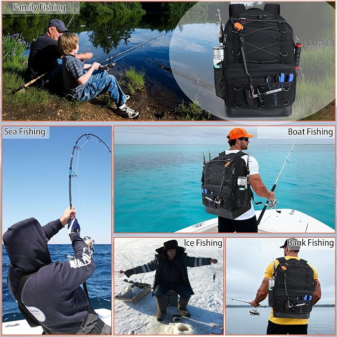 Fishing Backpack with Rod Holder, Heavy Duty Fishing Bag with Waterproof Bottom, Tackle Backpack Gifts for Man Woman-Black