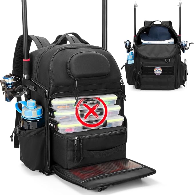 Rexmica 35L Fishing Tackle Backpack Bag with Cooler, Fishing Rod Bag Holds 2 Rods & Reels for Tackle Boxes or Other Fishing Gear, Fishing Pole Backpack, Black