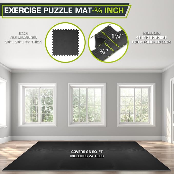 ProsourceFit Weaved Pattern Extra Thick Exercise Puzzle Mat ¾-inch, EVA Foam Interlocking Tiles for Protective, Cushioned Flooring for Home and Gym Equipment; Black, 96 SQ FT, 24 Tiles