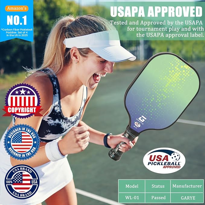 GARYE Pickleball Paddles Set of 2 or 4, USAPA Approved Carbon Fiber Pickleball Set, Lightweight Pickle Ball Rackets 2 Pack with 6 Balls, 1 Bag, Pair of Grip Tapes, Pickle Ball Paddle for Men and Women