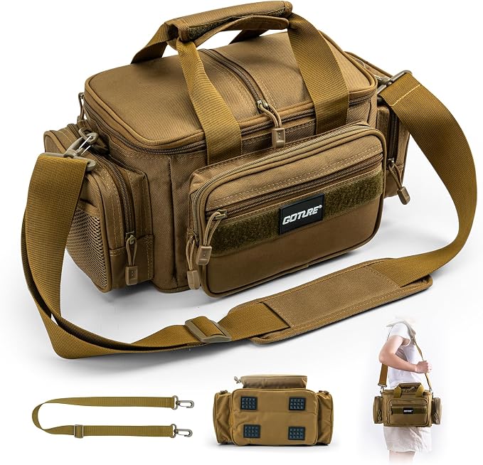 Goture Fishing Tackle Bag, 600D Water-Resistant Soft Side Crossbody Sling Bag for Men & Women,Small Gear Storage Tactical Bags for Saltwater & Freshwater,Fits 4 3600 Tackle Boxes (Not Included)