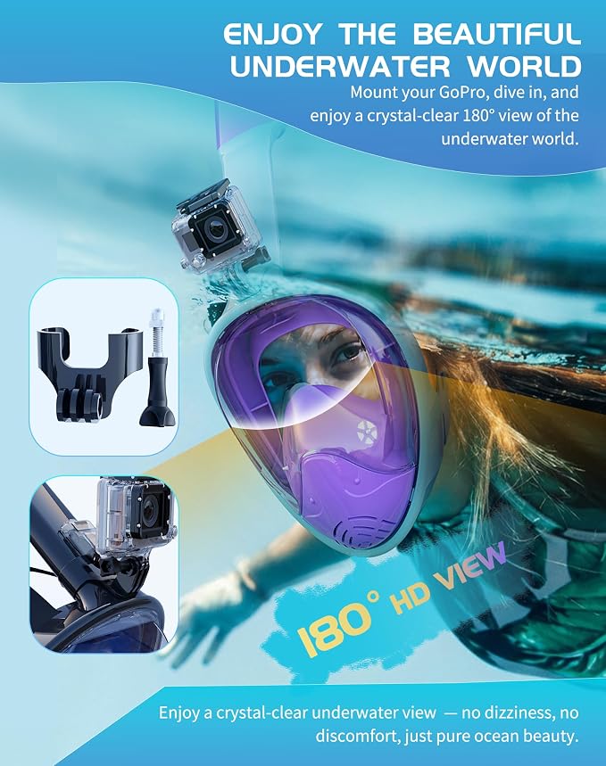 Greatever Full Face Snorkel Mask, Snorkeling Gear for Adults with Latest Dry Top Breathing System and Detachable Camera Mount, Foldable Snorkel Set for Family Snorkeling Trips, Anti-Fog & Anti-Leak
