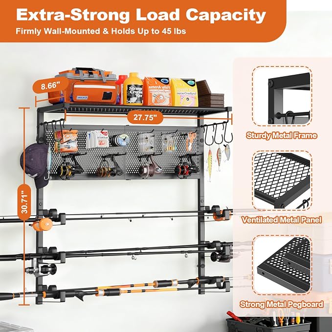 Olakee Wall Mount Fishing Rod Holders, Large Capacity Fishing Pole Holders for Garage Organizer, Horizontal Fishing Pole Rack Holds Up to 6 Rods with Pegboard & Hooks, Ideal Gift for Men Dad Anglers
