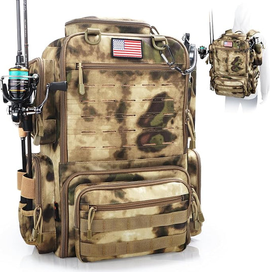Fishing Backpack, Fishing Tackle Backpack with Rod Holders for 4 Boxes (Box Not Included) 45L Waterproof Fishing Gear, Ideal for Men and Women Large Tackle Box Bag (Sahara Khaki Camo)
