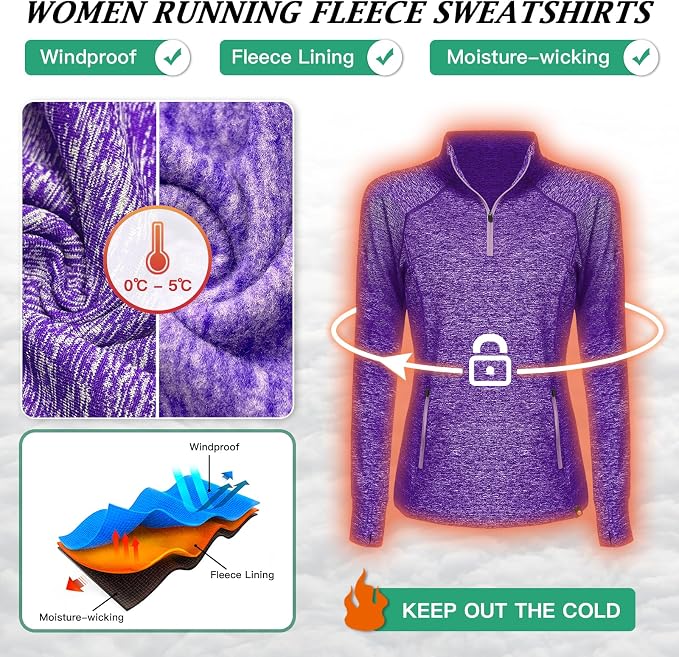Soneven Women's Thermal Fleece Running Shirts Warm Winter Pullover Cold Weather Workout Hiking Tops with Thumb Holes Pockets