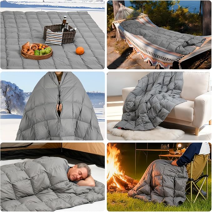 Down Camping Blanket - Lightweight, Packable, Warm & Puffy Outdoor Travel Quilt for Sleep, Hiking, Backpacking, Stadium, Festivals, Water-Resistant Sleeping Bag 55"x79"