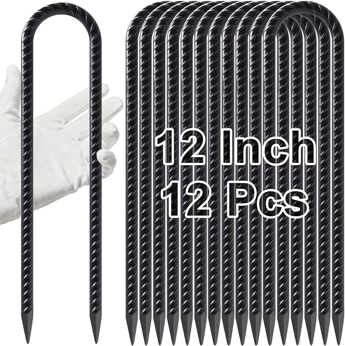VVOKGO Trampoline Stakes 12 Inches Anchors High Wind Heavy Duty, 12-Pack U Shaped Tie Down Anchor Kit for Ground, Camping Tent, Soccer Net, Swing Set, Black