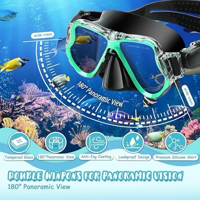 Snorkeling Gear for Kids, 4 in 1 Child Mask Fins Snorkel Set with Panoramic View Anti Fog Mask, Dry Top Snorkel, Trek Fins and Travel Bag, Kids Snorkeling Set with Fins for Snorkeling Swimming
