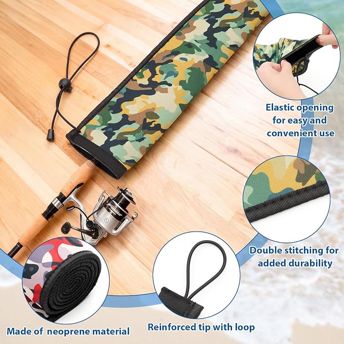 Outus Neoprene Fishing Rod Sleeves, 2.5MM Thick Tangle-Free Covers, Protective Sock for Spinning Casting Rods, Travel Storage