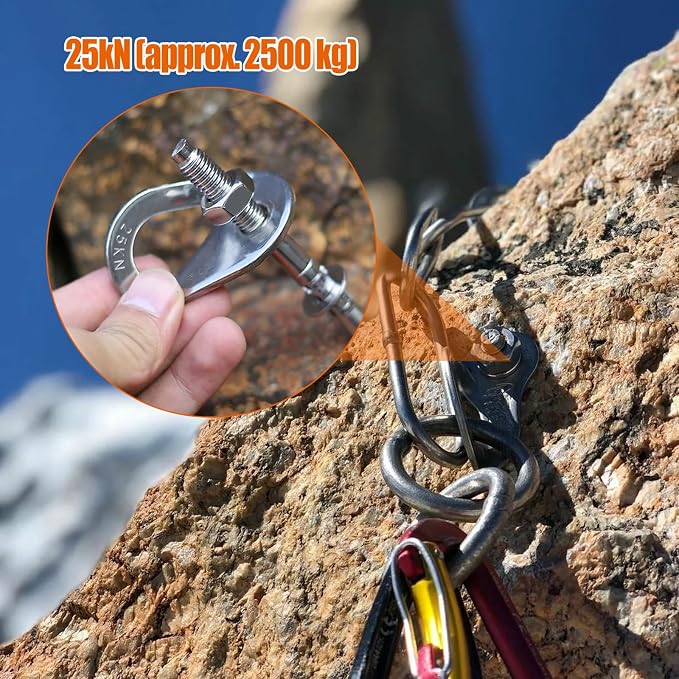 Climbing Anchor Bolt 8 Set, Stainless Steel Bolt Hanger Climbing Hanger Bolts 25KN Heavy Duty Climbing Anchor Hangers for 3/8" Bolt for Home Gyms, Hammocks, Trailer Tie-Downs, Weight 2500KG