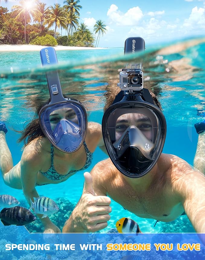 Greatever Full Face Snorkel Mask, Snorkeling Gear for Adults with Latest Dry Top Breathing System and Detachable Camera Mount, Foldable Snorkel Set for Family Snorkeling Trips, Anti-Fog & Anti-Leak