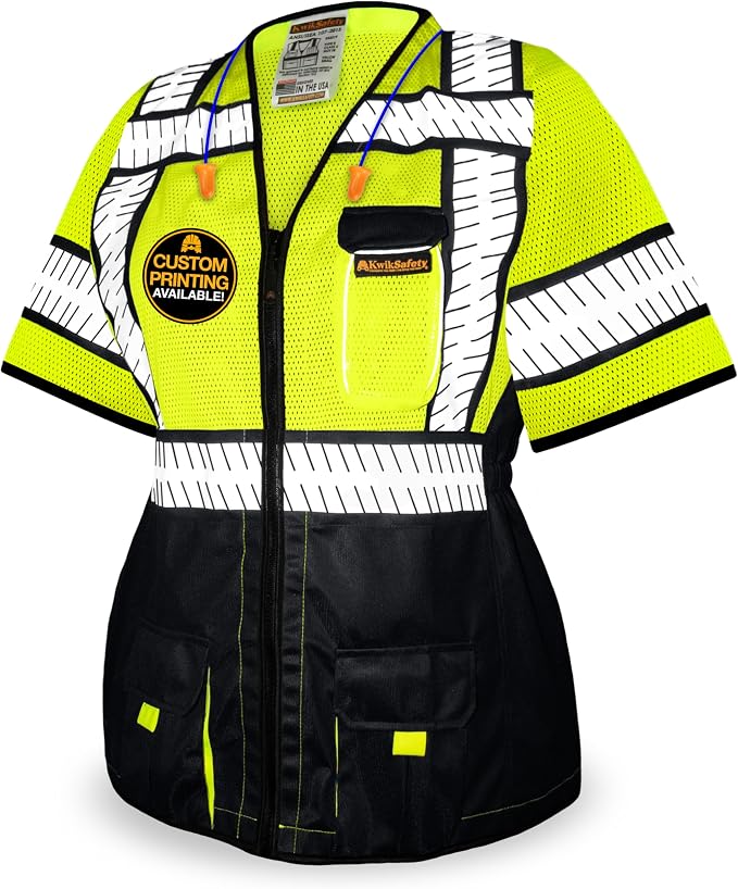 KwikSafety - Charlotte, NC - SPECIALIST Class 3 Safety Vest for Women [REFLECTIVE FISHBONE TAPE] ANSI Tested OSHA Compliant Hi Vis PPE Work Gear/Black XL