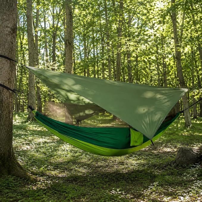 Double Camping Hammock with Mosquito Net and Rain Fly – Lightweight 3-in-1 Tent Setup for Outdoor Hiking, Travel, Patio & Backpacking – Portable Hammock for Adults with Tree Straps & Bug Net