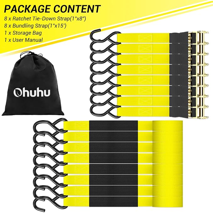 Ratchet Tie Down Strap 15 Ft - 500 lbs Load Cap with 1500 lbs Breaking Limit, Ohuhu Ratchet Tie Downs Logistic Cargo Straps for Moving Appliances, Motorcycle (Yellow, 8-Pack)