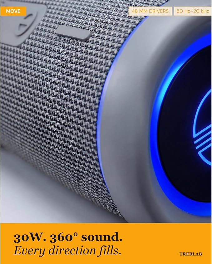 TREBLAB HD77 – Waterproof Bluetooth Speaker, 30W Loud 360° Sound, Deep Bass, IPX7, TWS Pairing, RGB Lights, 20H Battery, Portable Wireless Speaker for Outdoor, Beach, Camping, Party, Travel