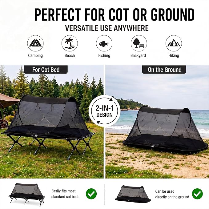 2 Pack Pop up Mosquito Tent for Camping 1 Person Instant Setup Foldable Bug Net Cot Tent with Ground Pin Portable Waterproof Screen Net for Cot Bed Hiking Summer Beach Outdoor