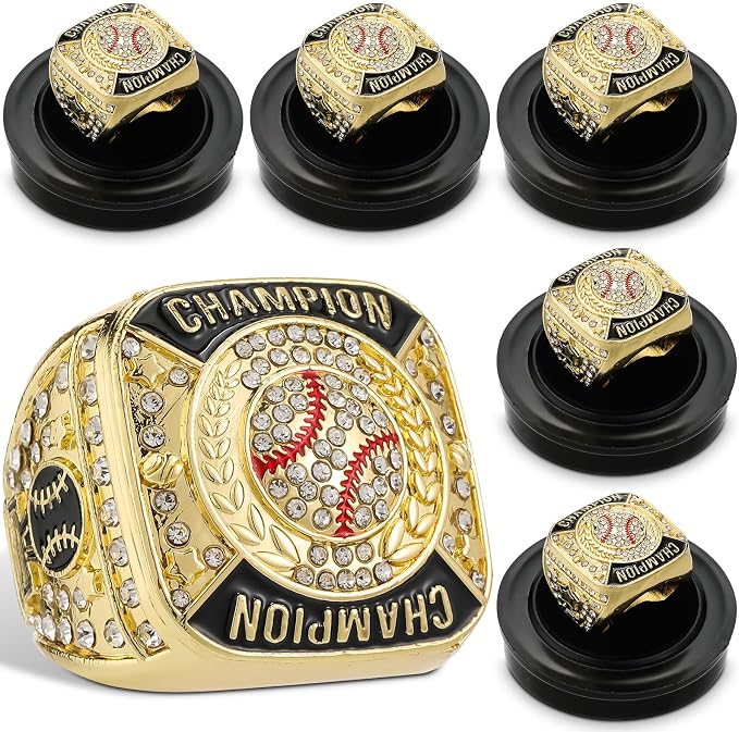 Landical 6 Pack Baseball Rings Softball Championship Rings Ball Games Championship Trophy Rings Sport Award Gift with Display Neck Chain and Stand for Tournament or League Champion Winner