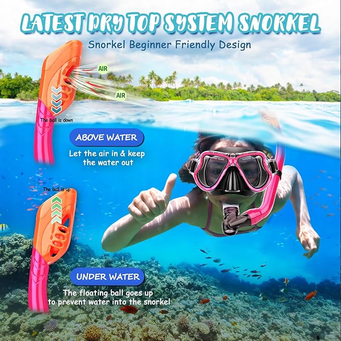 Snorkeling Gear for Kids, 4 in 1 Child Mask Fins Snorkel Set with Panoramic View Anti Fog Mask, Dry Top Snorkel, Trek Fins and Travel Bag, Kids Snorkeling Set with Fins for Snorkeling Swimming