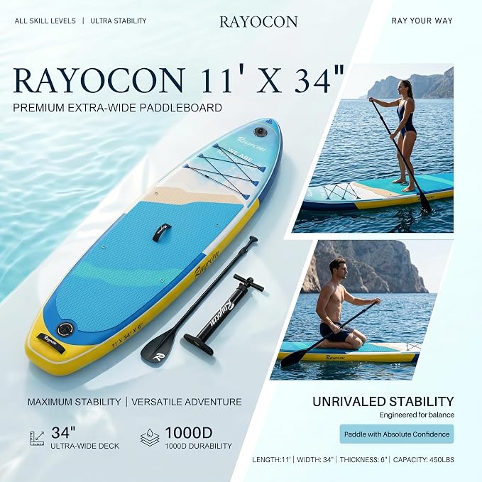 Inflatable Stand Up Paddle Board 11'×34" Extra Wide SUP, Ultra-Stable for Adults & Dog, 450lbs, Dual Chamber Pump, Fiberglass Paddle, Military Grade Dual Layer