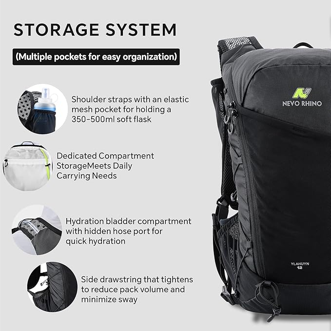 N NEVO RHINO 12L Hydration Backpack with 2 TPU 17oz / 500ML Soft Flasks, Lightweight Running Vest for Women & Men, Running Backpack for Trail Running Marathon Hiking