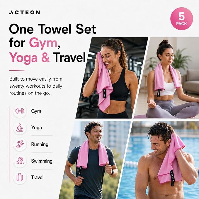 Acteon Microfiber Gym Towels 5 Pack Quick Dry, Silver ION Odor-Free, Super Absorbent Sweat Towels for Women, Workout, Yoga, Pilates, Tennis, Running, Swimming, Travel 16x30.5 Inch (Lavender Rose)
