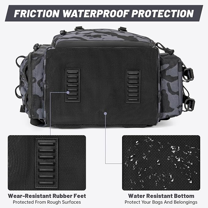 40L Fishing Backpack Water Resistant Fishing Tackle Bag with 2 Rod Holders, Tackle Storage Bag for Anglers（Black camo,Bag Only