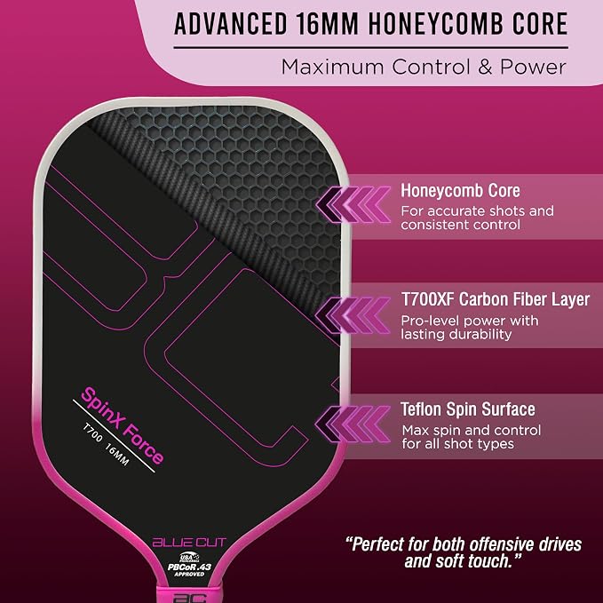 Blue Cut Pickleball Paddle – USAPA Approved Pickleball Paddles Racket with T700 Carbon Fiber, 16mm Honeycomb Core, Spin Surface, Pro Power Speed & Control – Includes Carry Bag