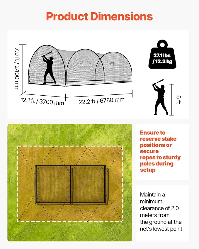 VEVOR Baseball Batting Cage,Professional Softball Baseball Batting Hitting Training Net,Heavy Duty Enclosed PE Practice Portable Pitching Cage Net&Carry Bag,for Backyard,Field,Indoor&Outdoor