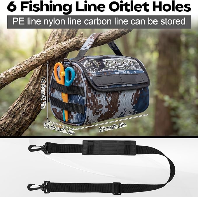 2 Pcs Fishing Line Management Bag Waterproof Nylon Fishing Line Storage Bag Transparent Window Removable Divider Leader Lines Spool Organization, Camouflage Blue