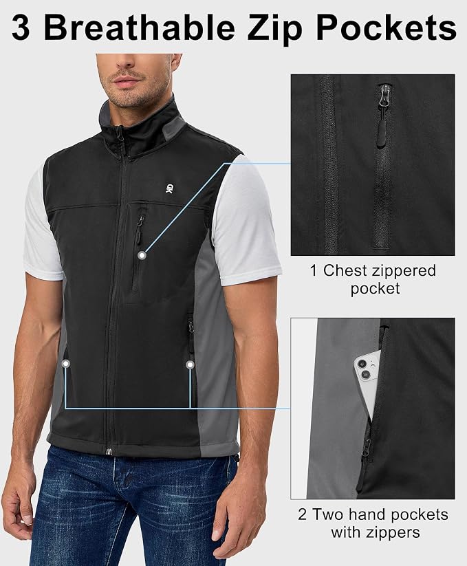 Little Donkey Andy Men's Lightweight Softshell Vest, Windproof Sleeveless Jacket for Running, Hiking, Cycling, Golf