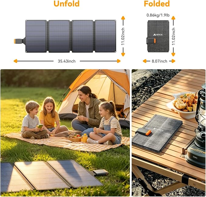 AMPSOS 36W Portable Solar Panel with Built-in MPPT: 23% Efficient M10 182mm Cells, Foldable USB-C Solar Charger for iPhone 17/16, iPad & Power Bank. Heavy Duty 900D Fabric for Camping & Backpacking