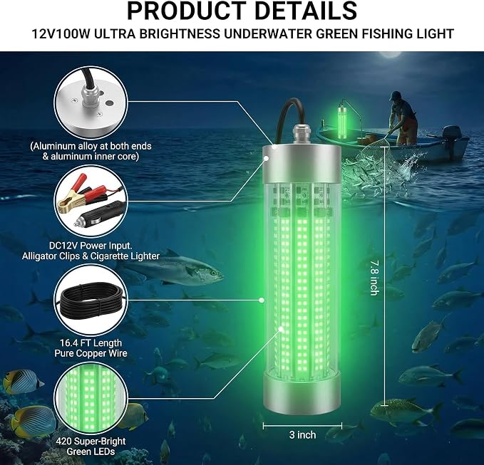 Underwater Fishing Light DC12V Max 200W Fish Attracting Light for Boat Docks Kayaks at Night, IP68 Submersible Green Light for Crappie Snook Squid Bait Catfish (16.4FT Cable)