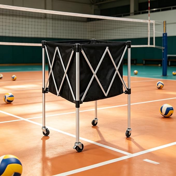 Foldable Tennis Ball Hopper Cart with Wheels, Portable Pickleball Volleyball Ball Basket Holder Caddy for Sports Training