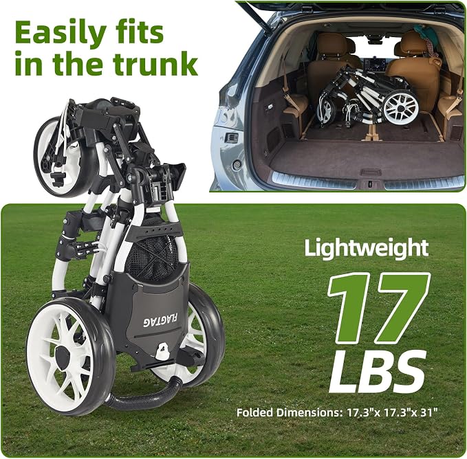 FLAGTAG Golf Push Cart 3 Wheel with 360 Swivel Front Wheel,Lightweight and Foldable Walking Golf Cart，One-Click Foldable,with Foot Brake