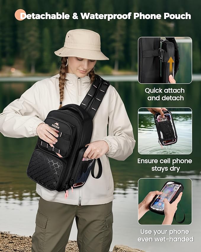 MATEIN Fishing Sling Bag with Lure Rod Holder & Phone Pouch, Waterproof 3600 Tackle Box Backpack with Removable Bait Binder