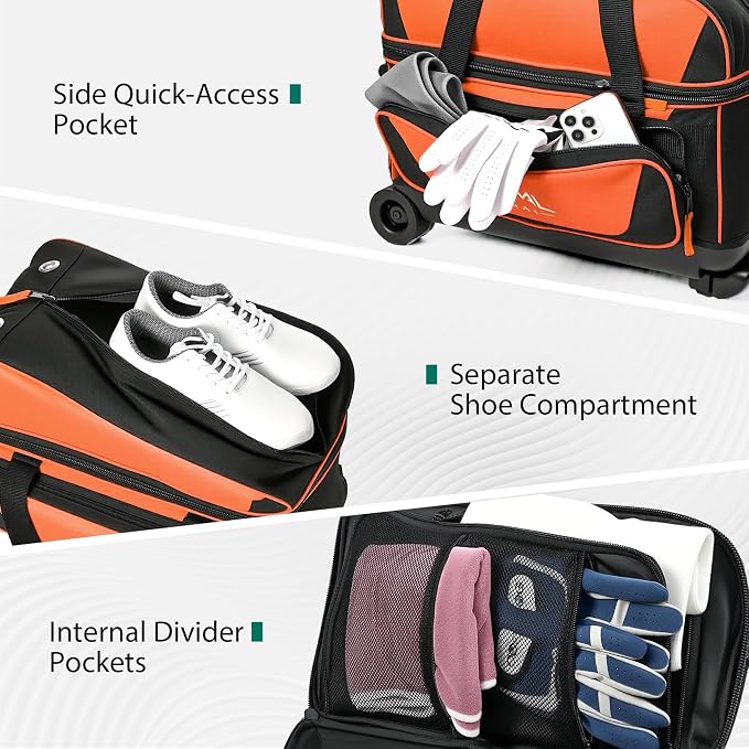 GoHimal Double Roller 2 Ball Bowling Bag with Separate Shoe Compartment for Bowling Shoes (Up To US Mens Size 15) and Oversized Accessory Pocket, Retractable Handle - Extends to 40"