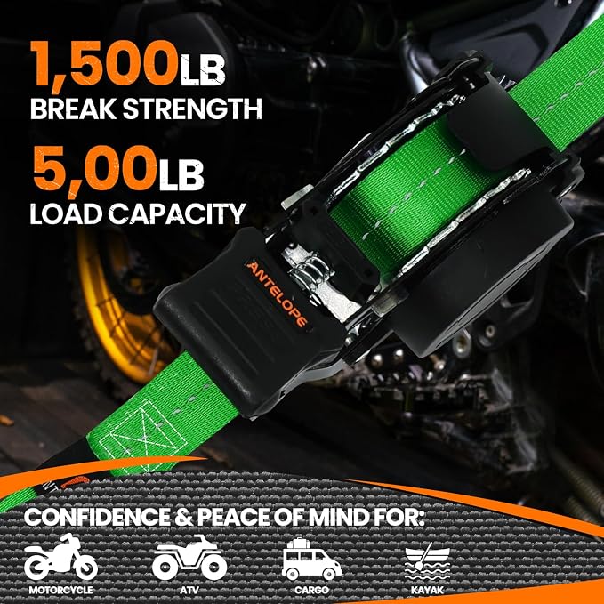 Retractable Ratchet Straps (4 PK), 1" x 12 ft Auto Retract Tie Downs, Automaitc Ratchet Strap, 1500lb Break Strength AutoRetract Self Retracting for Motorcycle, Truck, Cargo, Trailer, ATV, UTV -Green