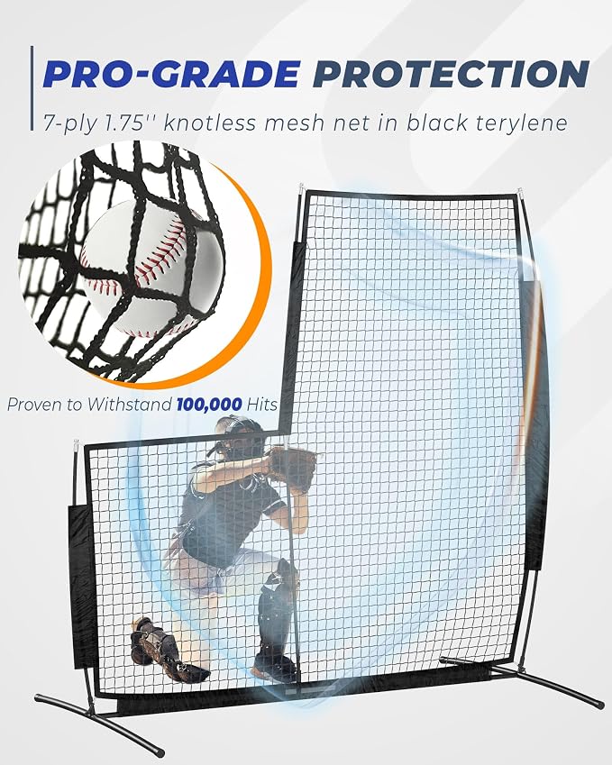 Baseball L Screen for Batting Cage, 7x7ft Pitcher Protector Net for Pitchers Protection, Includes Portable Carry Bag, 4 Ground Stakes