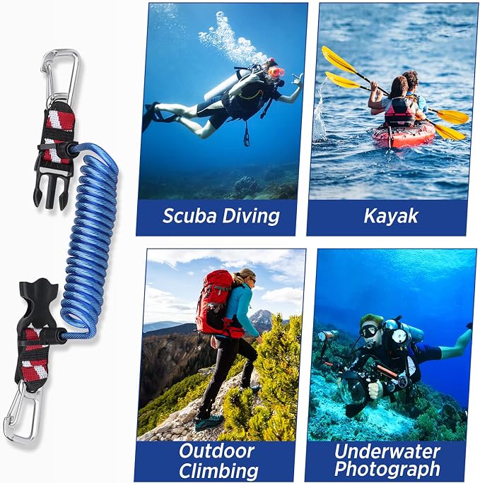 Scuba Retractable Lanyard, Stainless Steel Double-Clips and Spiral Core Anti-Lost Lanyard with Quick-Release Buckle
