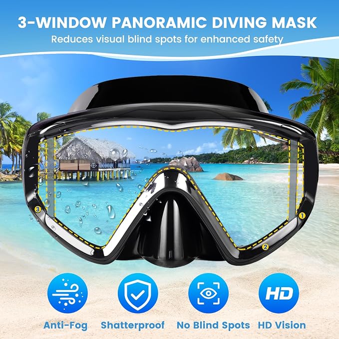 2 Pack Snorkel Mask for Adults - 180° Panoramic View, Anti-Fog Shatterproof PC Lens, Dry Snorkel Set for Diving, Swimming & Travel