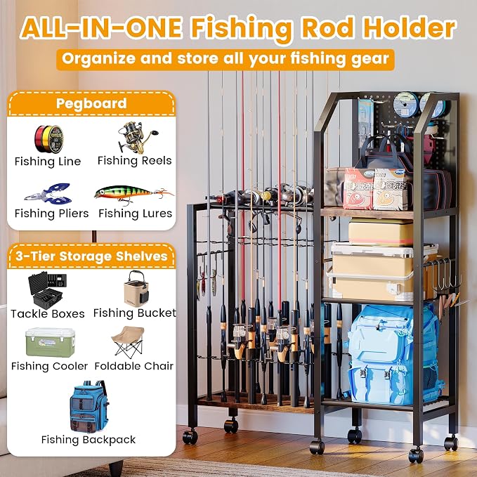 Fishing Rod Holders for Garage, Convenient Pegboard with 14 Long Utility Hooks, Fishing Rod Rack Up to 16 Rods, 3 Tier Fish Pole Stand with Fishing Reel Holders & 8 Hooks for Fishing Gear Accessories