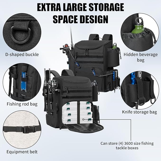 Fishing Backpack with 2 Rod Holders Tackle Box, 41/25L Water-resistant Fishing Tackle Bag Storage Fishing Gear and Equipment